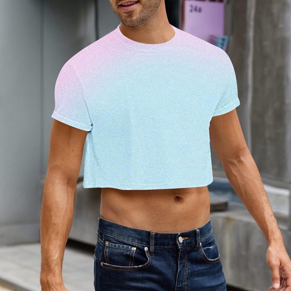 Shirts for Men Short Sleeve Round Neck Summer Leisure Print Crop Top Light Blue XXL