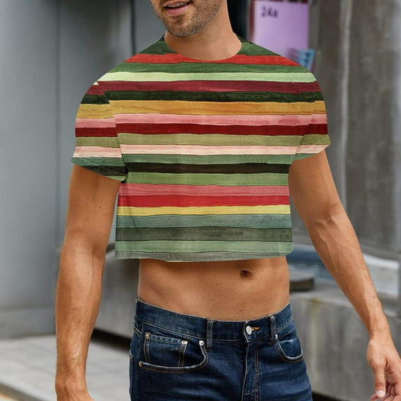 Shirts for Men Short Sleeve Round Neck Summer Leisure Print Crop Top Multicolor XXL