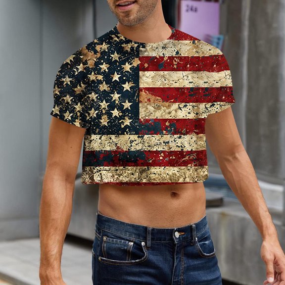 Shirts for Men Short Sleeve Round Neck Summer Leisure Print Crop Top Navy XL