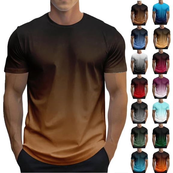 Shirts for Men Short Sleeve Shirts for Men Men Summer Casual Pullover Round Collar Gradient Short Sleeve Blouse Shirt Gold L