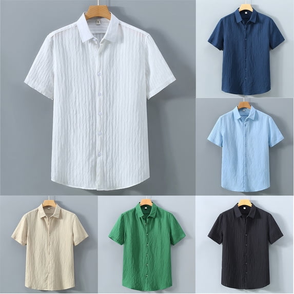 Shirts for Men Short Sleeve Solid Color Button Down Lapel Tops Summer Casual Loose Breathable Mens Dress Shirts White L