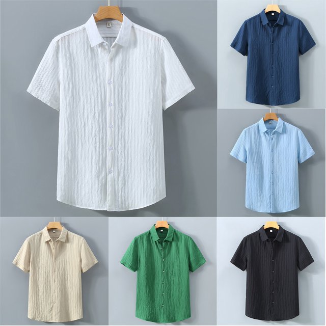 Shirts for Men Short Sleeve Solid Color Button Down Lapel Tops Summer Casual Loose Breathable Mens Dress Shirts White L