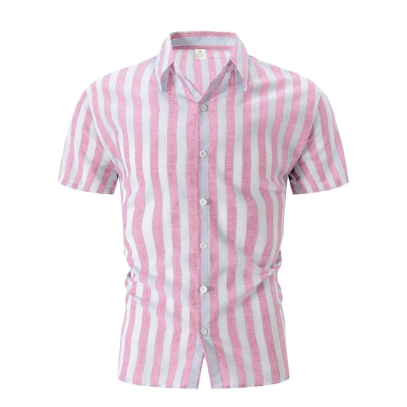 Shirts for Men Short Sleeve Striped Casual Beach Lapel Button Down Summer Shirt Pink XXL