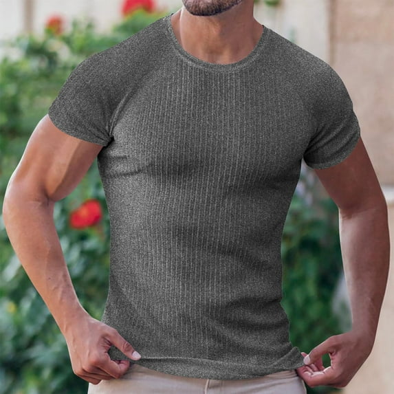 Shirts for Men Short Sleeved Round Neck Casual Solid Color T-shirt Dark Gray XXL