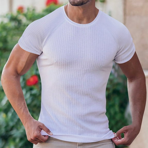 Shirts for Men Short Sleeved Round Neck Casual Solid Color T-shirt White XL