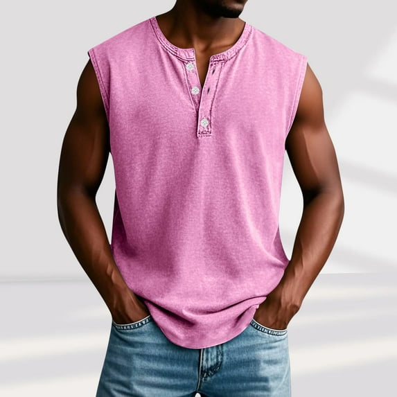 Shirts for Men Sleeveless Lapel Hook Button Buckle Casual Solid Color T-shirt Pink L