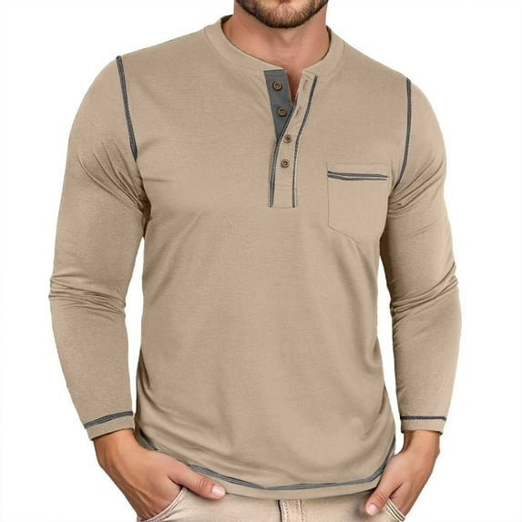 Shirts for Men Slim Fit Casual Basic Tee with Chest Pocket Comfortable Round Neck Fall Spring Long Sleeve Top