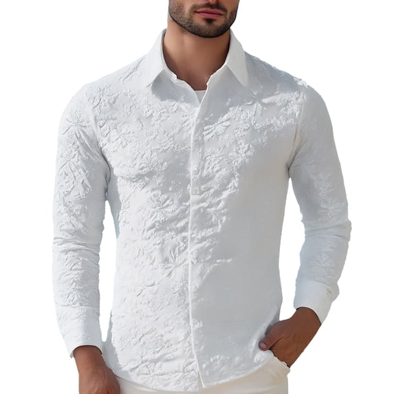 Shirts for Men Solid Color Casual Lightweight Embossed Flowers Long Sleee Button Down Lapel Blouses Businee Comfortable Dress Shirt White L