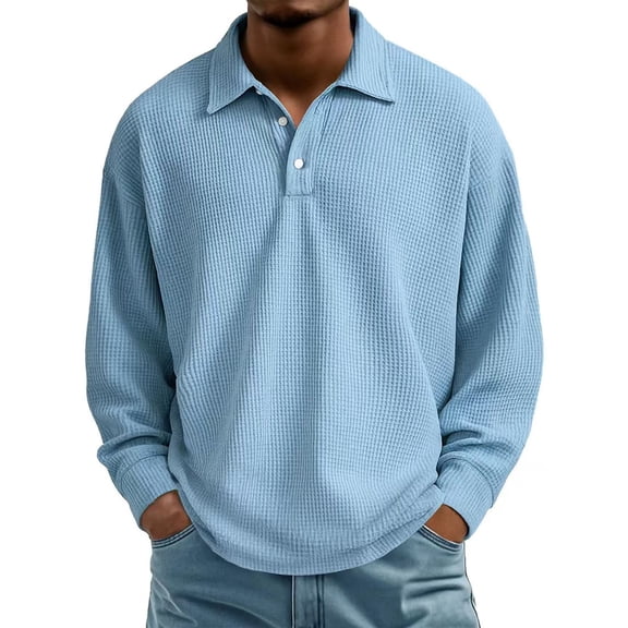 Shirts for Men Solid Color Waffle Knit Polo Long Sleeve Spring Shirt Lightweight Casual Turn Down Collar Top Blue S