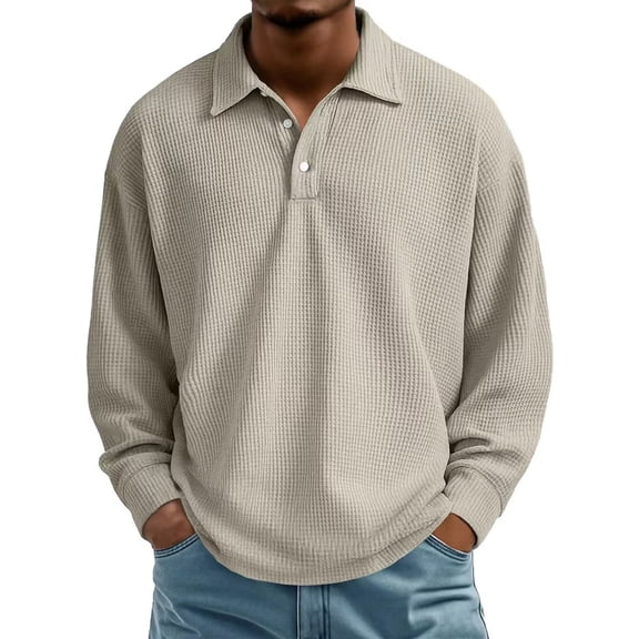 Shirts for Men Solid Color Waffle Knit Polo Long Sleeve Spring Shirt Lightweight Casual Turn Down Collar Top Khaki XL