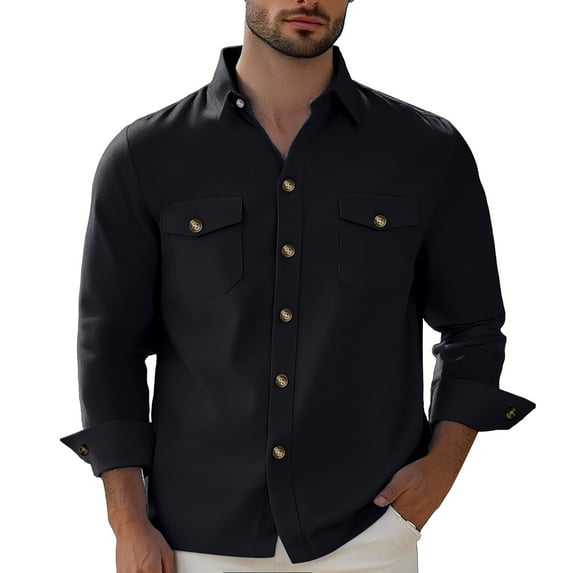Shirts for Men Solid Color with Double Pocket Casual Loose Business Long Sleeve Shirt Top 3XL