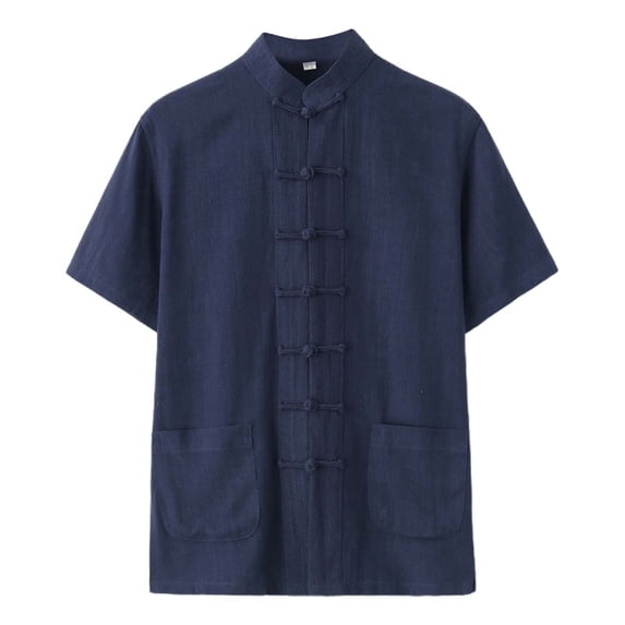 Shirts for Men Tang Suit Solid Short Sleeve Loose Summer Tai Chi Top Mens Hawaiian Shirt Blue XXXXL