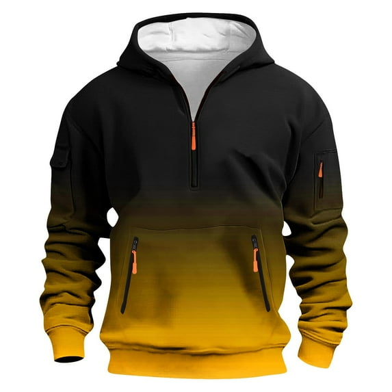 Shirts for Men Trendy Fall New Mens Casual Hoodies with Zipper Pockets Half Zip Gradient Color Pullover Long Sleeve Hooded Sweatshirt Yellow 3XL