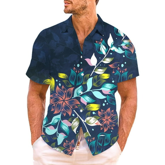 Shirts for Men Tropical Hawaiian Style Print Trend Short Sleeve Button Down Lapel Blousesbeach Casual Summer Tops Blue M