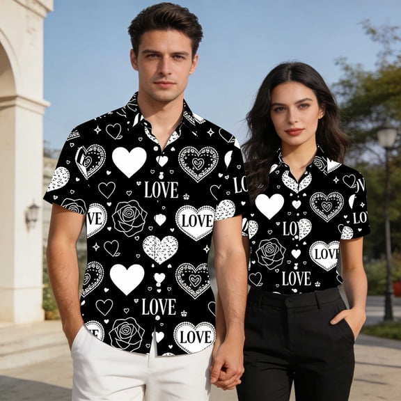 Shirts for Men Valentine's Day Shirt Short Sleeve Print Casual Couples Matching Top Black L