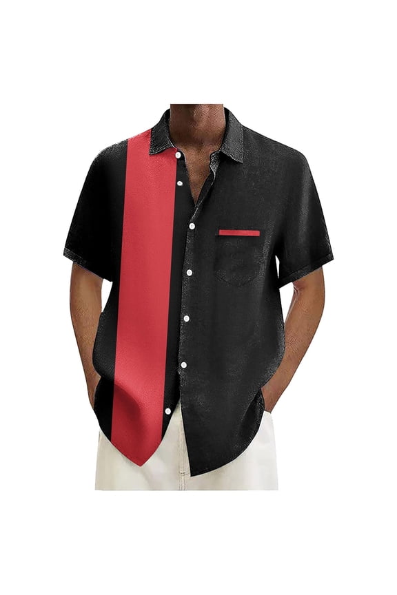 Shirts for Men Vintage Bowling 1950S Casual Short Sleeve Button Down Contrast Summer Color Block Button Down Tops Sizes XXL