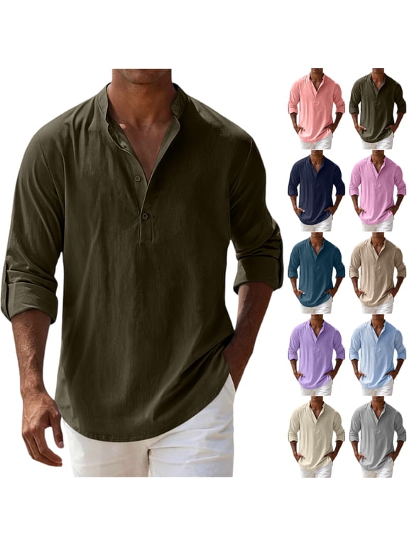 Men Button Up Shirts Long Sleeve Pullover Cotton Linen Casual Stand-up Collar Solid Blouse Shirt Tops