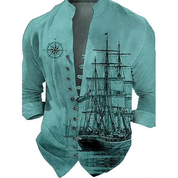 Shirts for Men Vintage Long Sleeve Button Banded Collar Fit Lightweight Tops Henley Shirts Green L