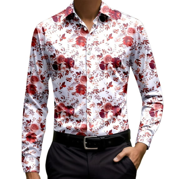 Shirts for Men Vintage Long Sleeve Button Down Collared Floral Printed Tops Comfortable Free Slim Fit Fashion Party Mens Dress Shirt
