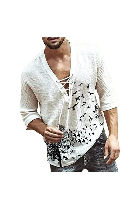 Shirts for Men Vintage Shirt Casual Long Sleeve Oversize Tops Camisa V Neck Boho Style Top