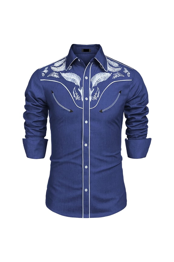 Shirts for Men Vintage Western Style Collar Slim Fit Long Sleeve Casual Mens Hawaiian Shirt Blue S