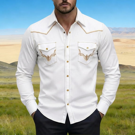 Shirts for Men Western Cowboy Print Long Sleeve Button Down Top Casual Camp Classic Yoke Design Mens Shirt White XL