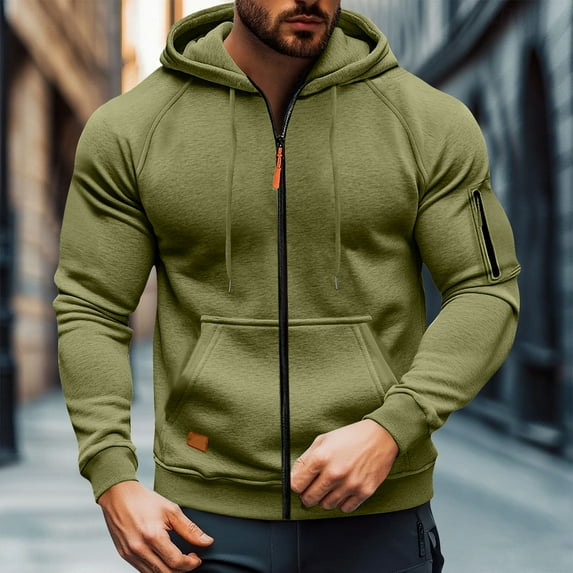 Shirts for Men Zip Up Hooded Green Jacket Fall Winter Long Sleeve Pocket Mens Outerwear