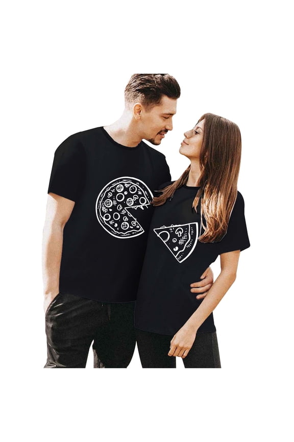 Shirts for Men's and Women's Valentine's Day Partner T Shirt Loose Pizza Print Fashion Short Sleeve Crew Neck Pullover Tops (Men'S) A-Black L