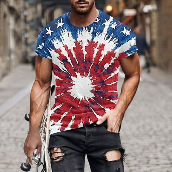Shirts for Men under $5 Independence Day Printing Short Sleeve Round Neck Pullover Men's T-Shirt Shirts for Men Blue XXL