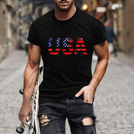 Shirts for Men under $5 Independence Day Printing Short Sleeve Round Neck Shirts for Men Pullover Men's T-Shirt Shirts for Men Black XL