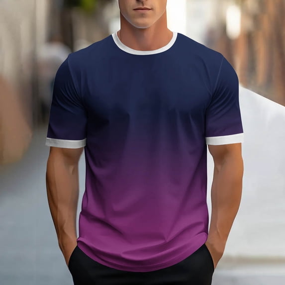 Shirts for Men under $5 Short Sleeve Round-Neck Gradient Print Casual Sports T-shirt Purple L