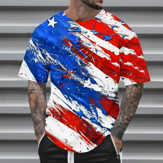 Shirts for Men under $5 Short Sleeve Round Neck Independence Day Printed Summer Casual T-shirt Multicolor L