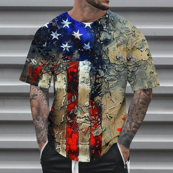 Shirts for Men under $5 Short Sleeve Round Neck Independence Day Printed Summer Casual T-shirt Multicolor L