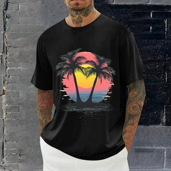 Shirts for Men under $5 Short Sleeve Round-Neck Printing Casual Shirts Black L