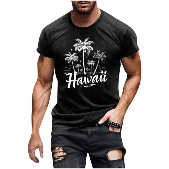 Shirts for Men under $5 Short Sleeved Round Neck Casual Printed Shirt