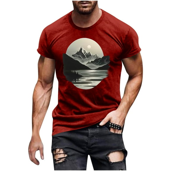 Shirts for Men under $5 Short Sleeved Round Neck Casual Printed Shirt