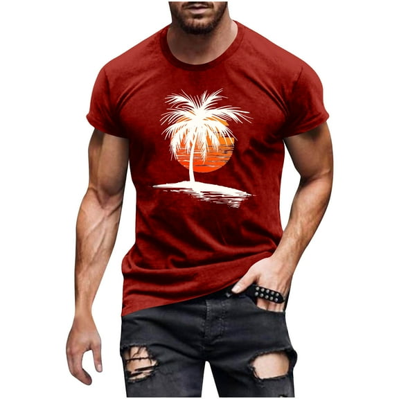 Shirts for Men under $5 Short Sleeved Round Neck Casual Printed Shirt