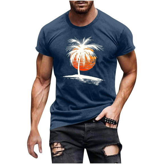 Shirts for Men under $5 Short Sleeved Round Neck Casual Printed Shirt