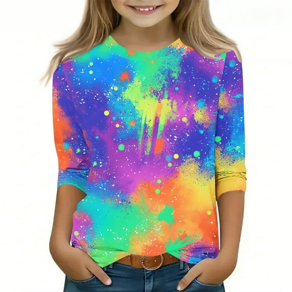 Shirts for Teens Girls Aesthetic Crewneck Shirts for Girls 3/4 Sleeve Top Girls Gradient Color Tshirt Girls Blouses Size 14-16
