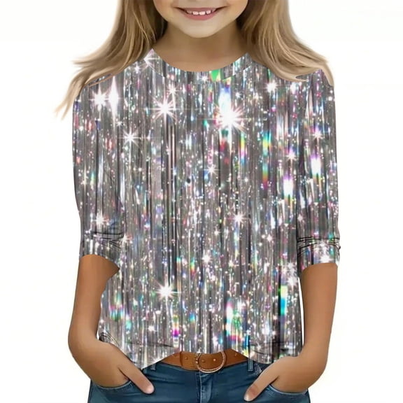 Shirts for Teens Girls Baggy Crewneck Tee Shirts Three Quarter Sleeve Blouse Plus Size Floral Printed Top Girls Tops Size 7-8