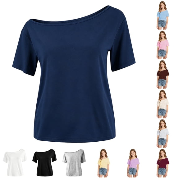 Shirts for Tween Short Sleeve Crew Neck Navy Shirt for Girls Basic Plain Back To School Clothes 11-12 Years