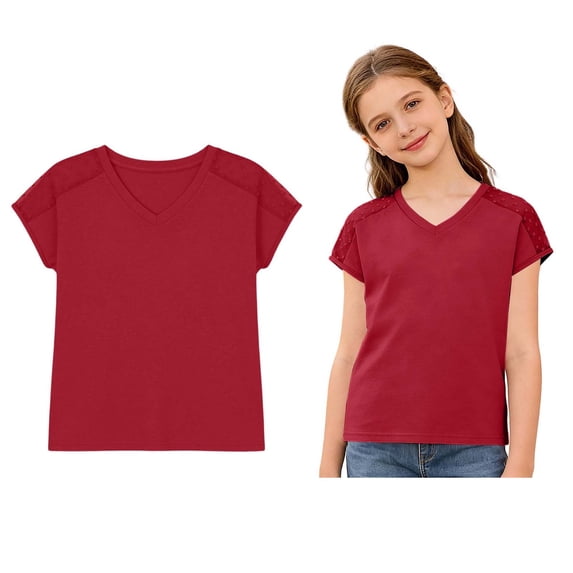 Shirts for Tween V Neck Short Sleeve Red T Shirts for Girls Oversized Girls Clothing 11-12 Years