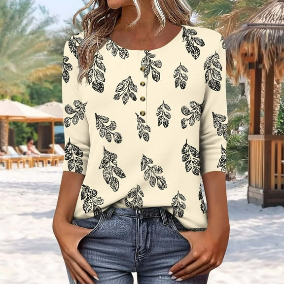 Shirts for Women 3/4 Sleeve Button Printed T-shirt Casual Loose Top Beige XL