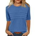 thumbnail image 1 of Shirts for Women 3/4 Sleeve Pleated Round Neck Blouses for Women 2025 Summer Tops 2025 Dressy Casual Outfit Basic Tees Blue L, 1 of 5