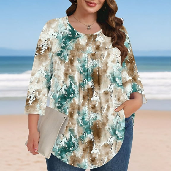 Shirts for Women 3/4 Sleeve Round Neck Gradient Plus Size Solid Color T-shirt Home Casual Top Khaki XXXL