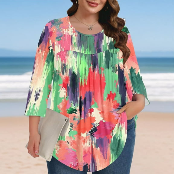 Shirts for Women 3/4 Sleeve Round Neck Gradient Plus Size Solid Color T-shirt Home Casual Top Multicolor XXXXL