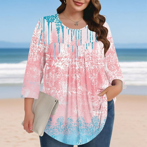 Shirts for Women 3/4 Sleeve Round Neck Gradient Plus Size Solid Color T-shirt Home Casual Top Multicolor XXXXXL