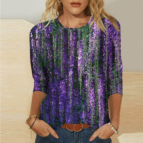 Shirts for Women 3/4 Sleeve Round Neck Print Casual T-shirt Multicolor XXXL