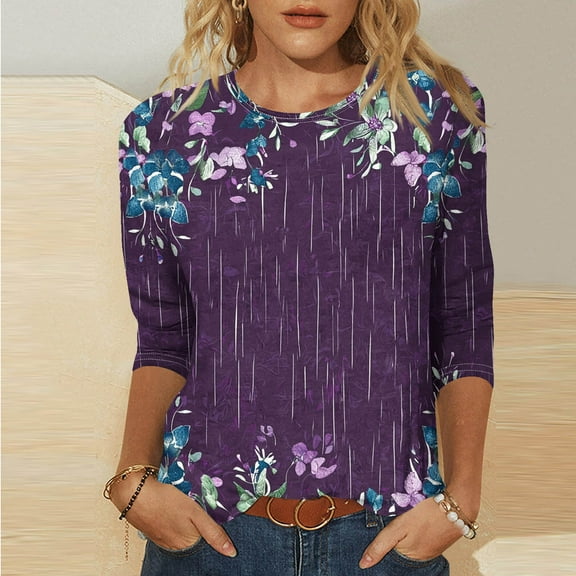 Shirts for Women 3/4 Sleeve Round Neck Print Casual T-shirt Multicolor XXXXL