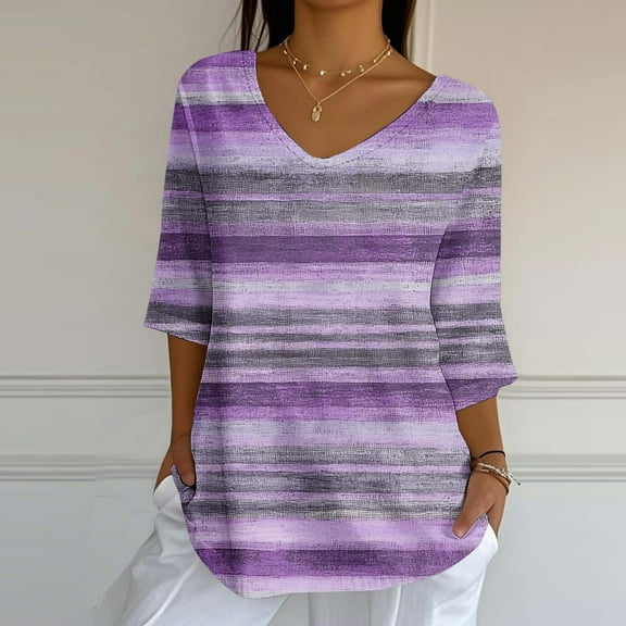 Shirts for Women 3/4 Sleeve V-Neck Print Casual Loose Blouses Shirts Purple,Womens Tops